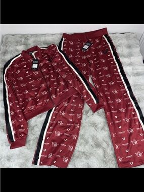 True Religion Maroon Track Pants & Matching Jacket Set with Side Stripes-0100